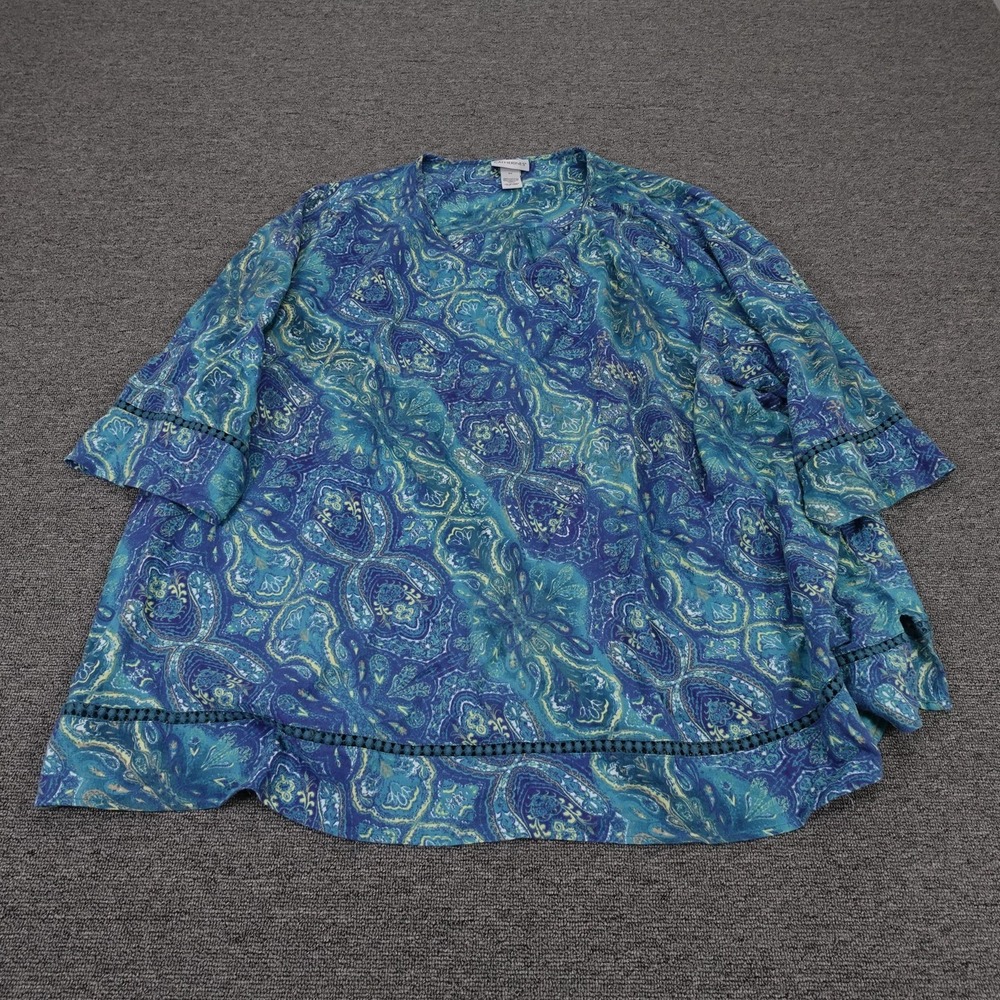 Catherines Blouse Womens 4X Plus Blue Paisley Crochet Tunic 3/4 Sleeve Top